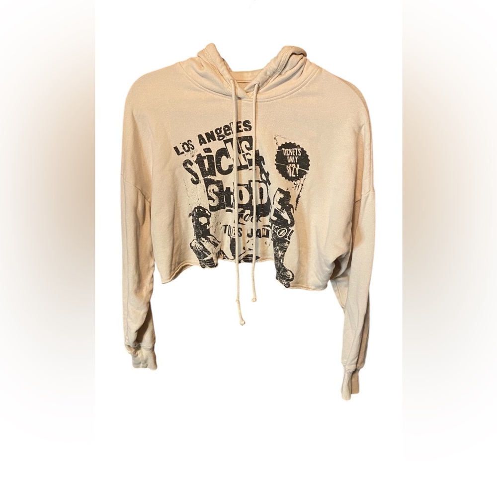 Hollister Rock N Roll LA Cropped Hoodie XS Cream Graphic Pullover